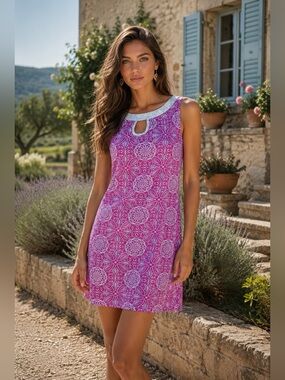 Sleeveless Pink Tile-Print Mini Dress with Contrast Trim